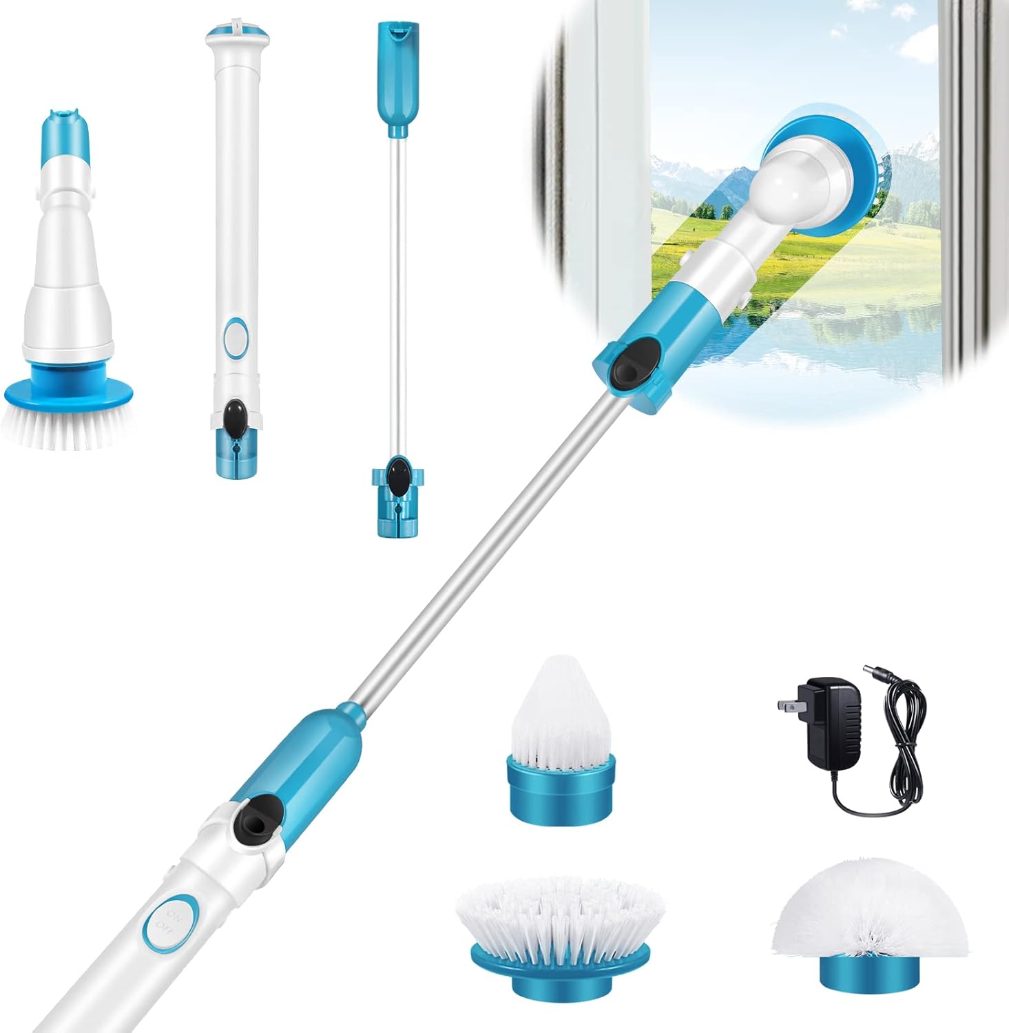 Electric Spin Scrubber, 360 Cordless Bathroom Scrubber, Rechargeable Power Shower Floor Scrubber with 3 Replaceable Brush Heads and 1 Extension Arm