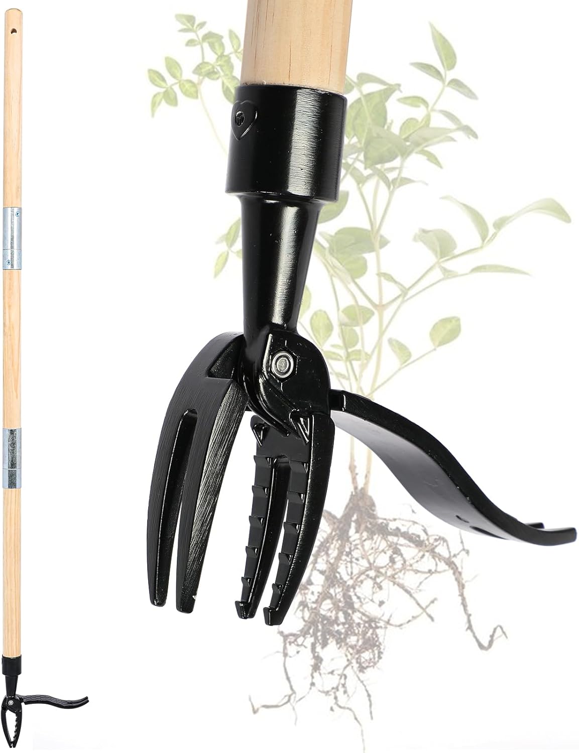 Manual Weeder, Weed Remover Tool Stand Up Weed Puller Tool with Long Handle - Real Wood & 4-Claw Steel Head - Easily Remove Weeds Without Bending