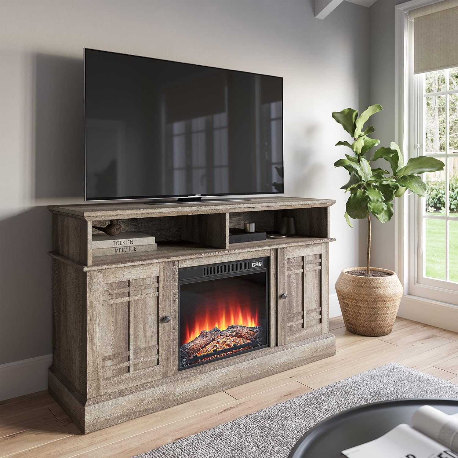 BELLEZE Modern Farmhouse Wood TV Stand & Media Entertainment Center Console Table for TVs up to 50 Inch with Open Storage Shelves & Cabinets –