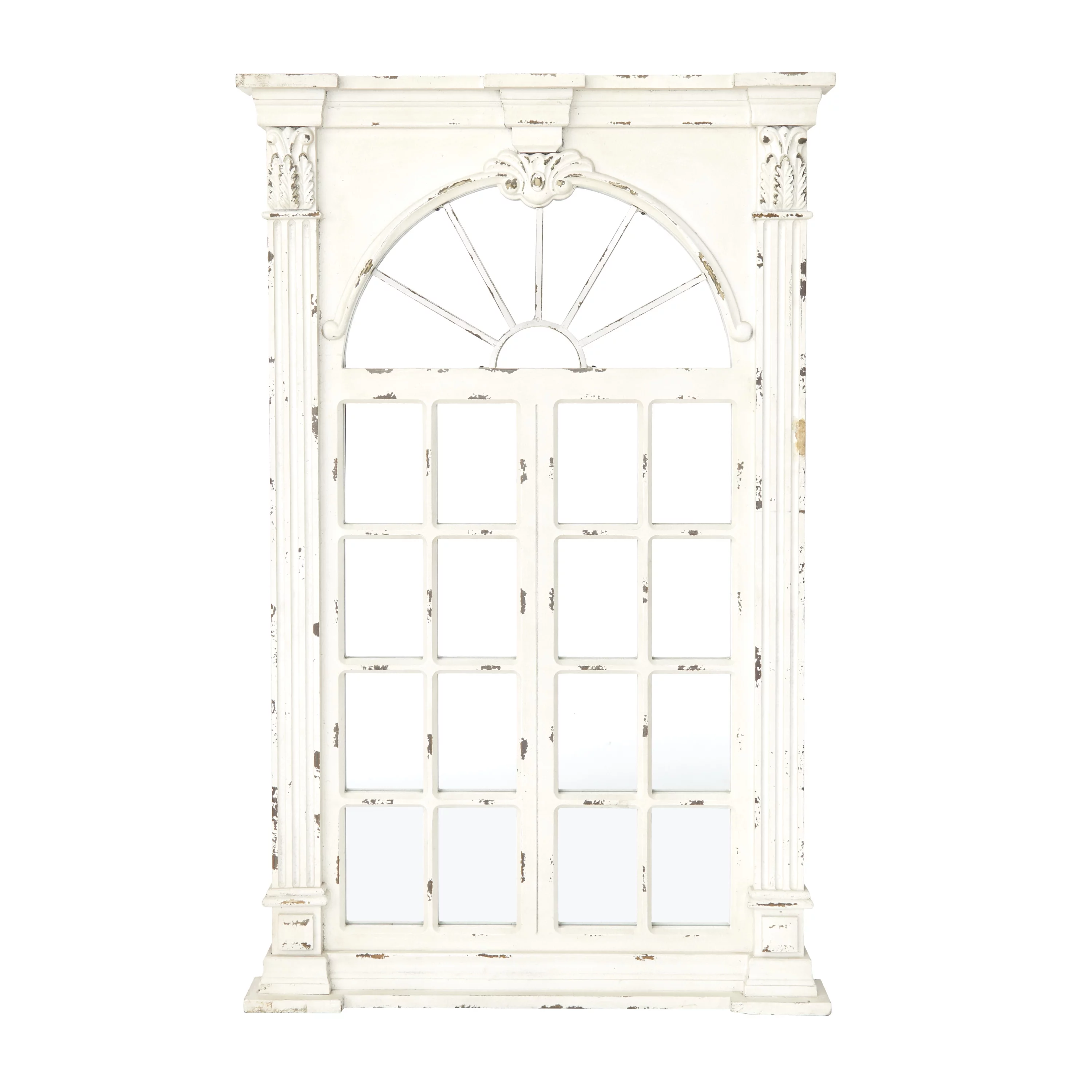 DecMode 37" x 52" Cream Window Pane Inspired Wall Mirror with Arched Top and Distressing
