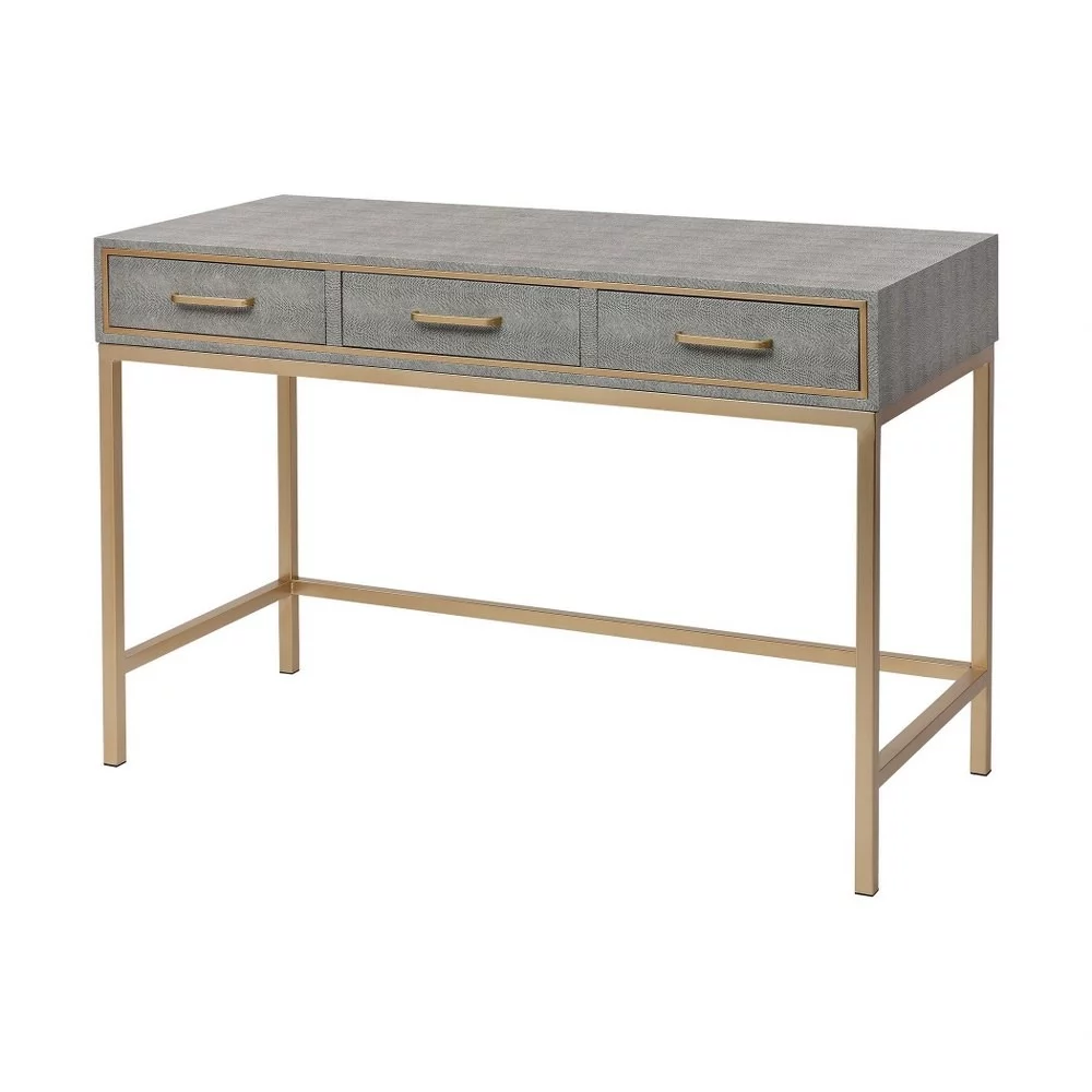 3-Drawer Art Deco Faux Shagreen Desk in Grey and Brushed Gold Frame and Handles with Golden Legs 47.25 inches W and 32 inches H-Grey Finish Bailey