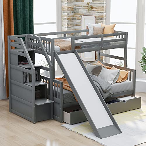 Twin over Full Bunk Bed - Wooden Bunk Bed with Storage Staircase, Drawers and Slide, Multifunction Heavy Duty Bed Frame with Safety High Guardrail
