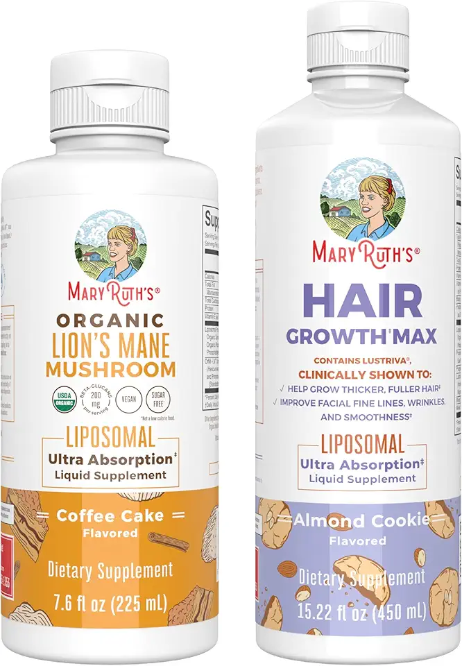 MaryRuth Organics Lion's Mane Liposomal (Coffee Cake) & Hair Growth MAX (Almond Cookie) | Clean Label Project Verified® | Vitamins for Cognitive