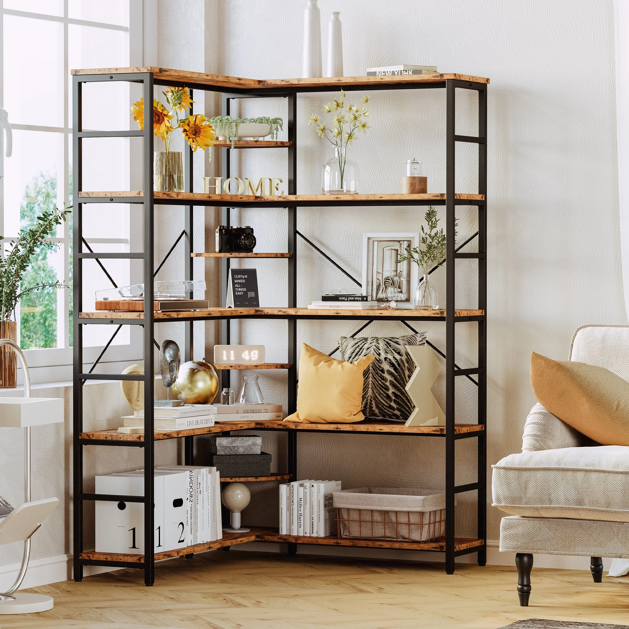 IRONCK Bookcases and Bookshelves, 5-Tiers Corner Bookcase with Curved Panels