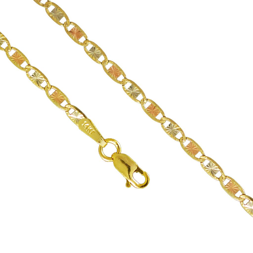 14K Yellow White Rose Gold 6.3mm Valentino Tri Color Necklace Chain Link Lobster Clasp (18 Inches)
