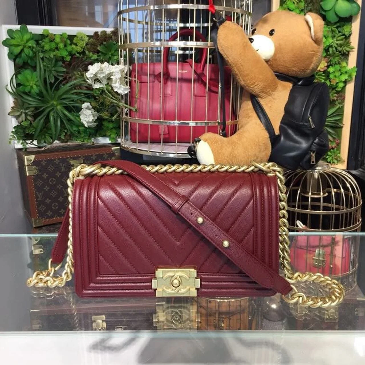 Chanel Chevron Boy Bag 25cm Caviar Leather Gold Hardware Spring/Summer Act 1 Collection Burgundy