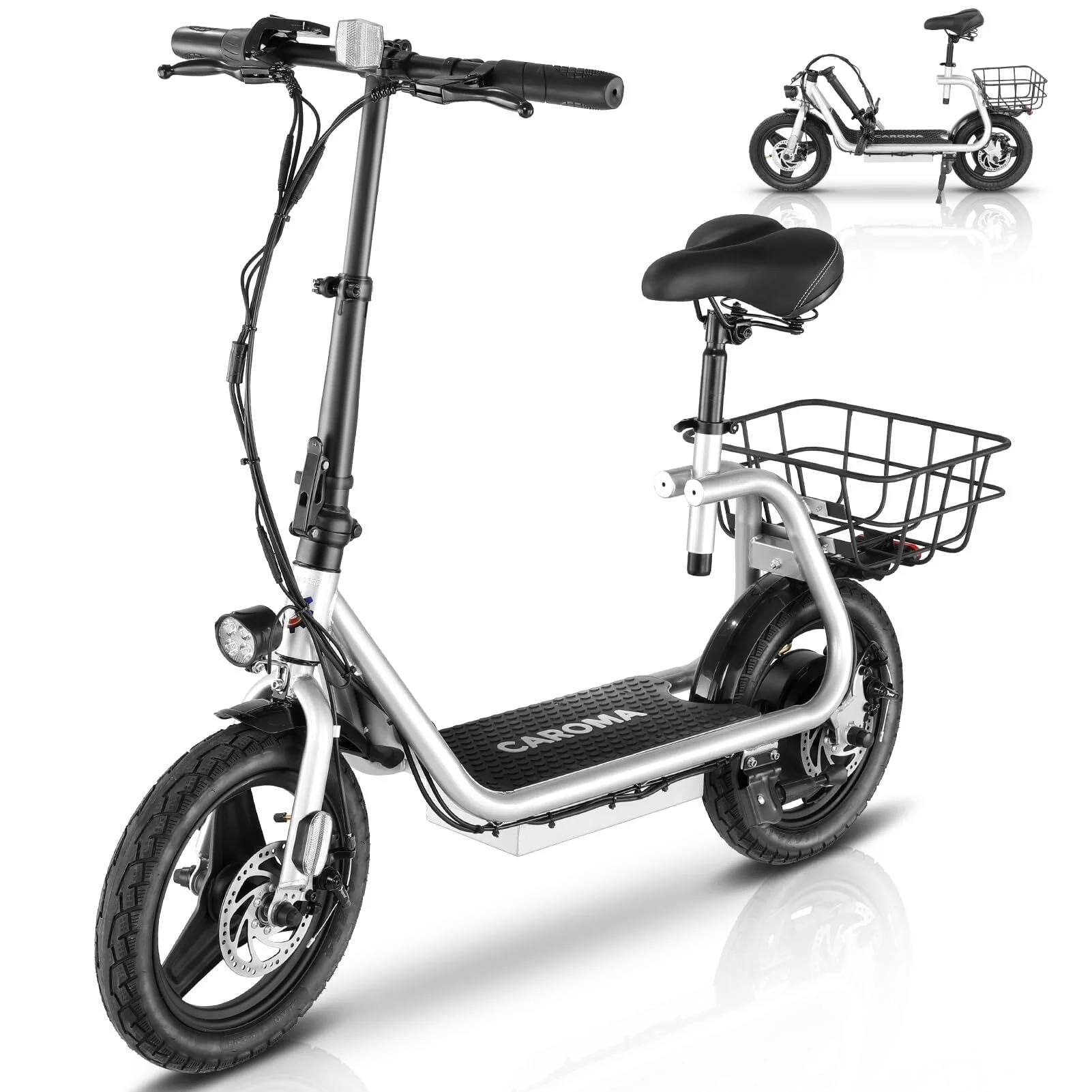 Caroma 800W(Peak) Adults Electric Scooter with Removable Seat, Max Speed 20mph Up to 25 Miles Range, 14" Tire for Commuting Scooter with Basket