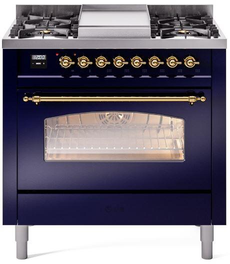 ILVE Nostalgie II 36 Dual Fuel Propane Gas Range in Blue with Brass Trim, UP36FNMPMBGLP