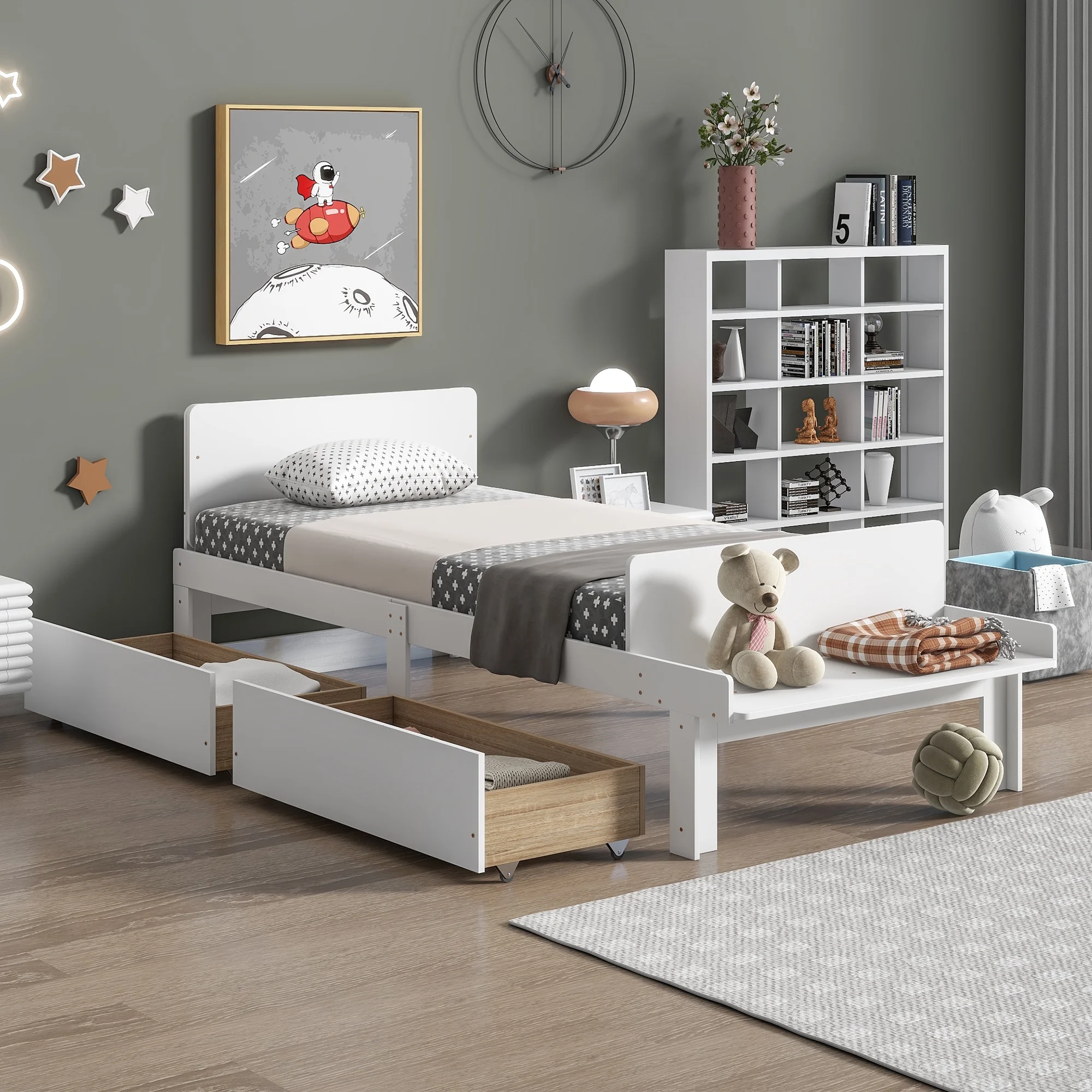 Royard Oaktree Twin Size Bed Wood Platform Bed Frame with Headboard and Footboard Bench Modern Bed Frame with 2 Storage Drawers, White