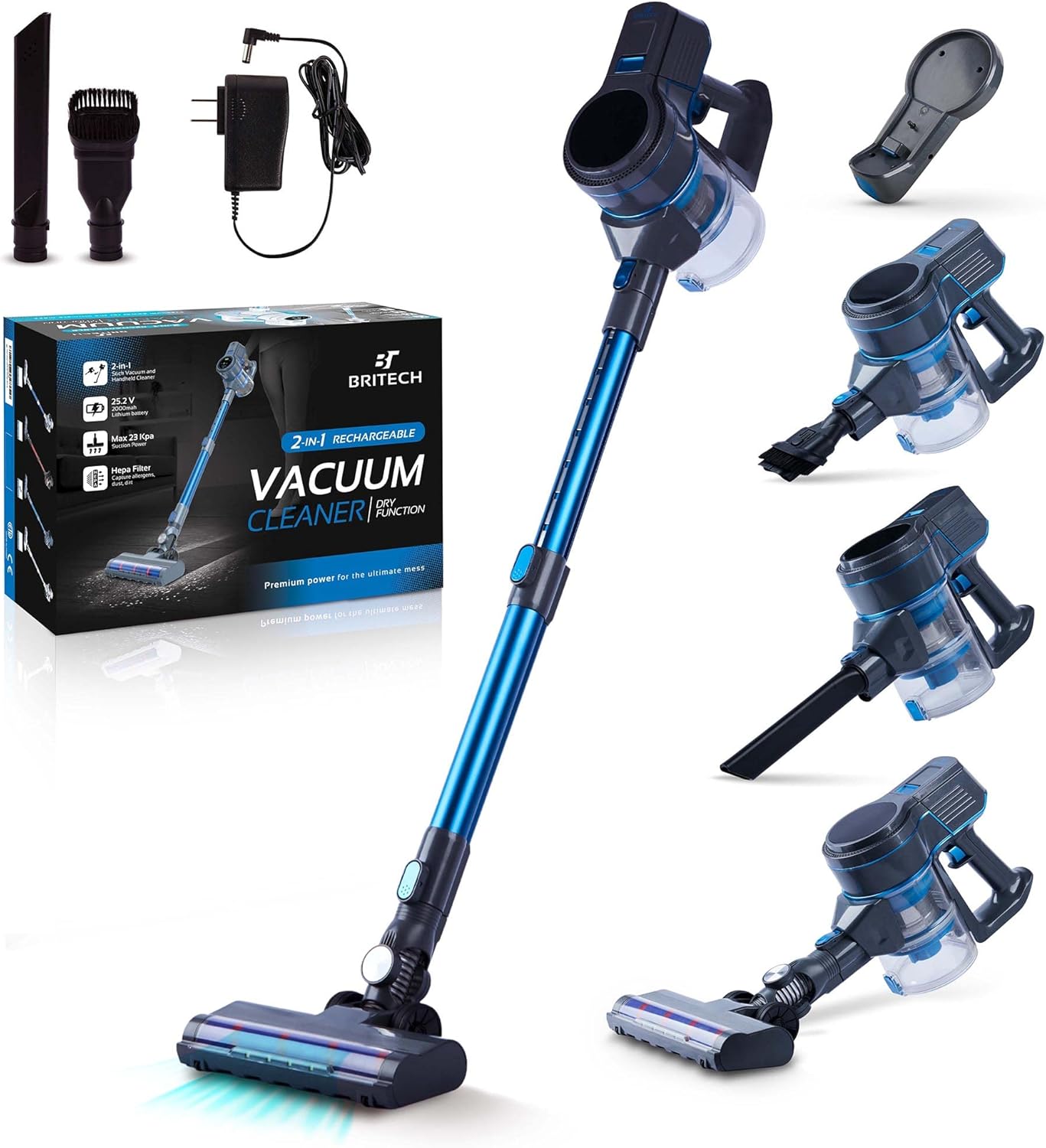 Britech Cordless Lightweight Stick Vacuum Cleaner, 250W Motor for Powerful Suction 30min Runtime, LED Display Screen & Headlights