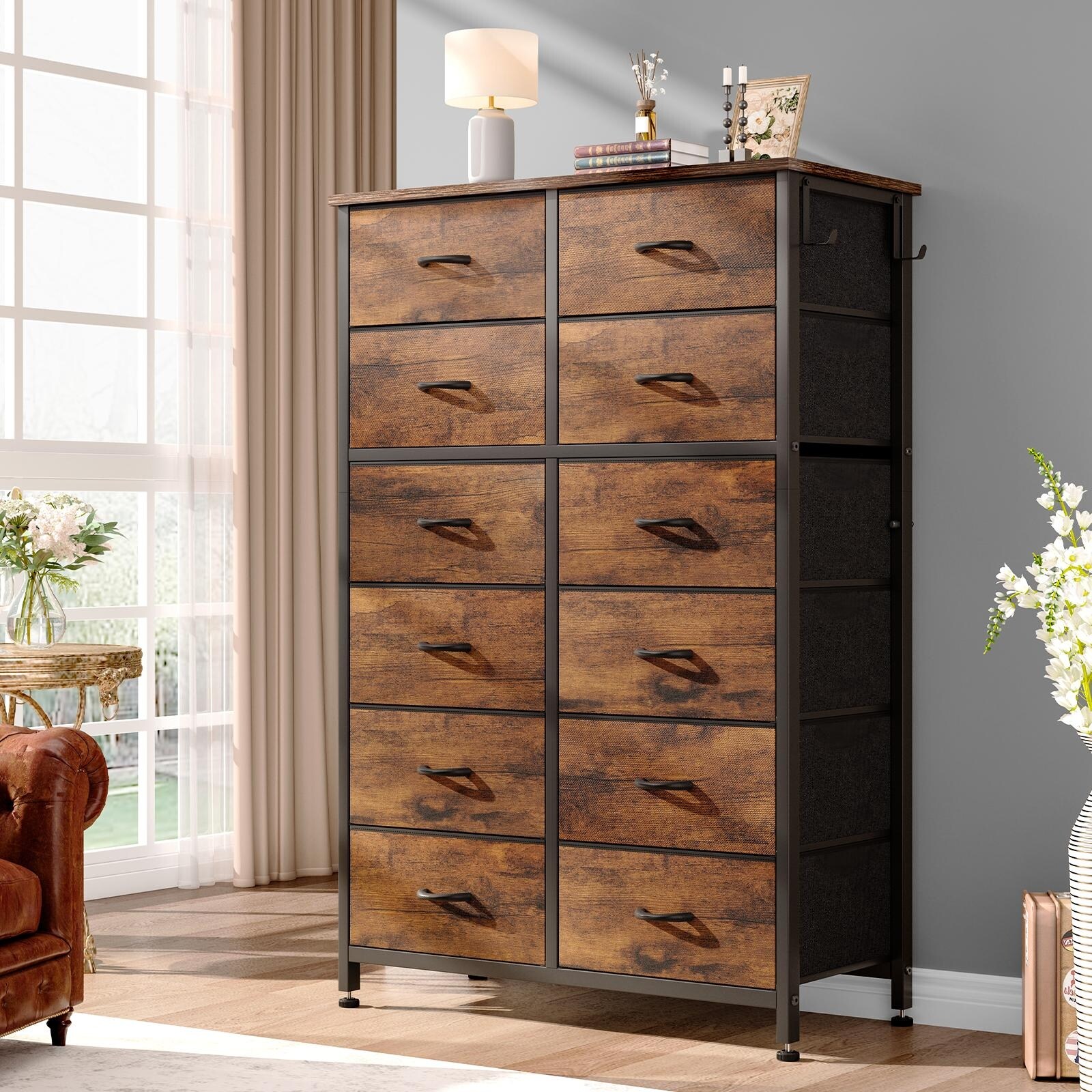 JINYUZHOU INC 12 Drawer Dresser Tall Fabric Chests of Drawers Closet for Bedroom Rustic Brown - 12-drawer