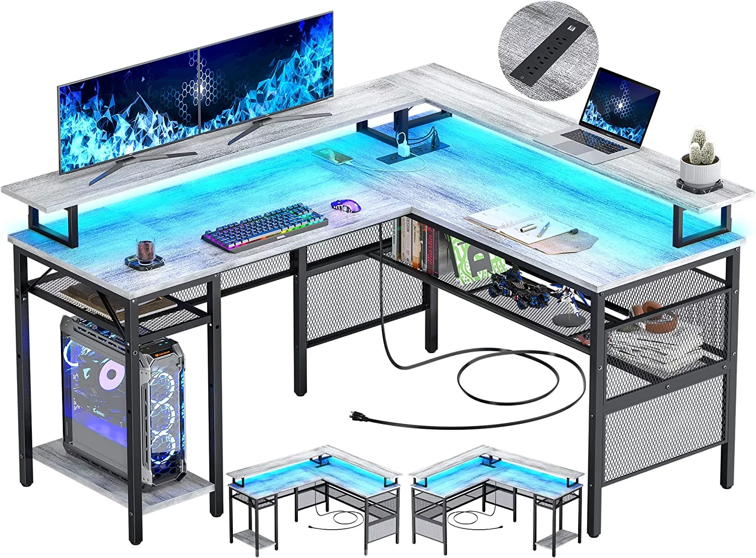 Homieasy L Shaped Desk with Power Outlets and LED Light, 55 inch Reversible L-Shaped Gaming Desk with Monitor Stand