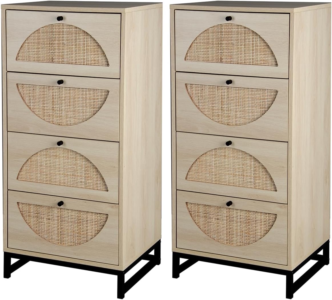 8 Drawers Dresser Storage Tower for Bedroom, Natural Rattan Dresser Modern Closet Dressers Chest of Drawers W/ Steel Legs