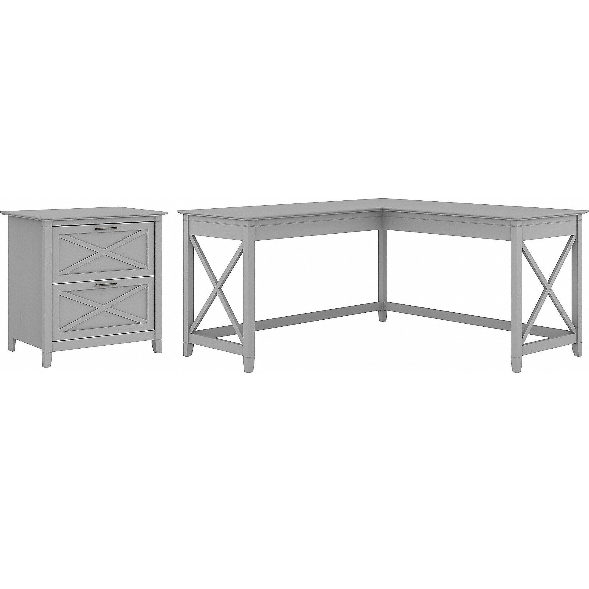 Bush Furniture Key West L Shaped Desk with 2 Drawer Lateral File Cabinet, 60W, Cape Cod Gray
