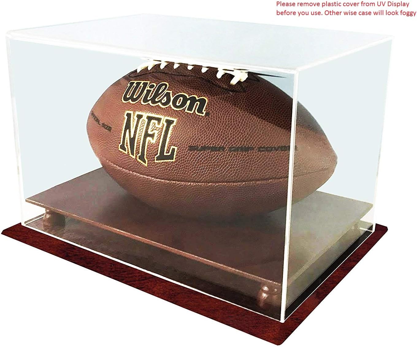 DECOMIL - UV Protection Football Display Case Holder, All 4 Sides Visible, Solid Wood Base - Cherry Finish