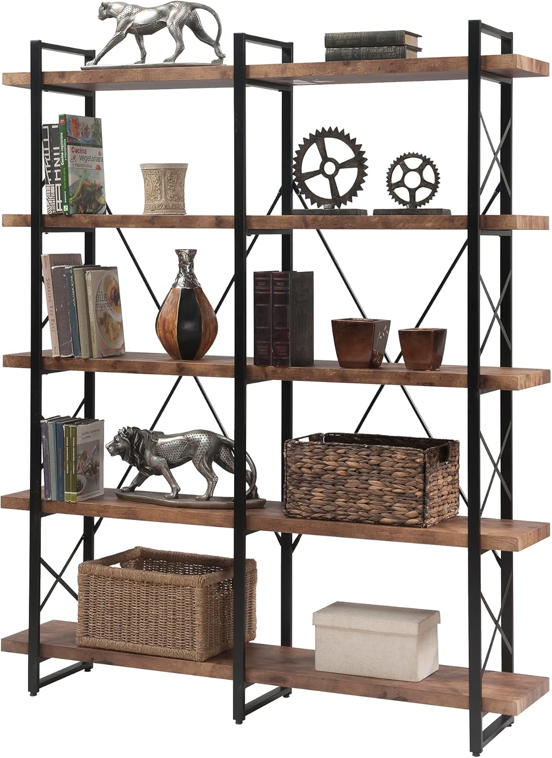 5 Tier Bookcase Industrial Etagere Bookshelf for Bedroom, Home Office Furniture with Hutch, Storage Shelf with X Shape Metal Frame, Espresso