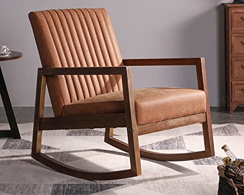 CIMOTA Leather Modern Rocking Chair Mid Century Armchair Upholstered Arm Chair with Padded Seat/Wood Frame, Comfy Rocker for Living Room/Bedroom