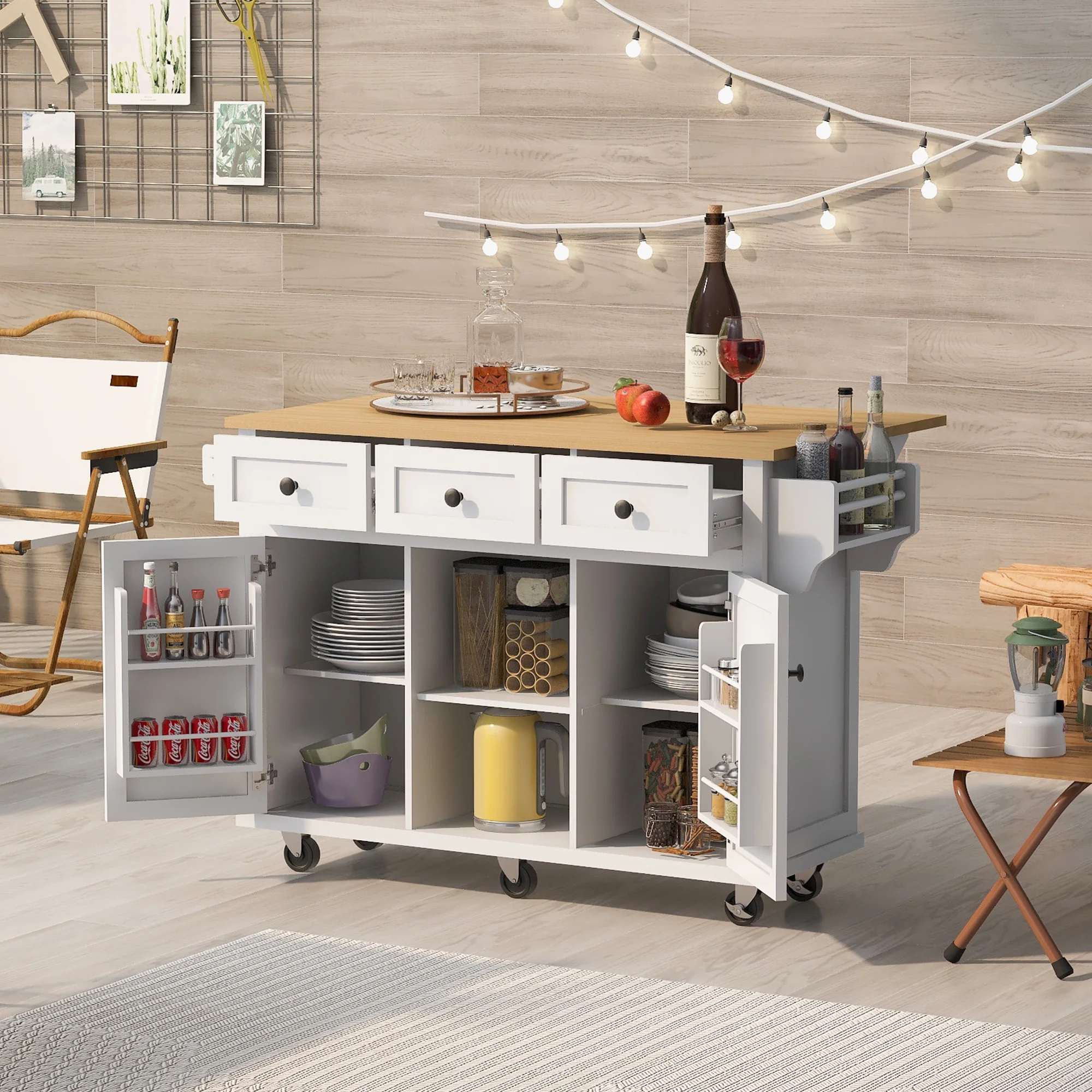 EUROCO 53.1" Kitchen Islands with Storage, Kitchen Island Cart with Rubber Wood Drop Leaf,Cabinet door internal storage racks,5 Wheels,3 Drawers,White
