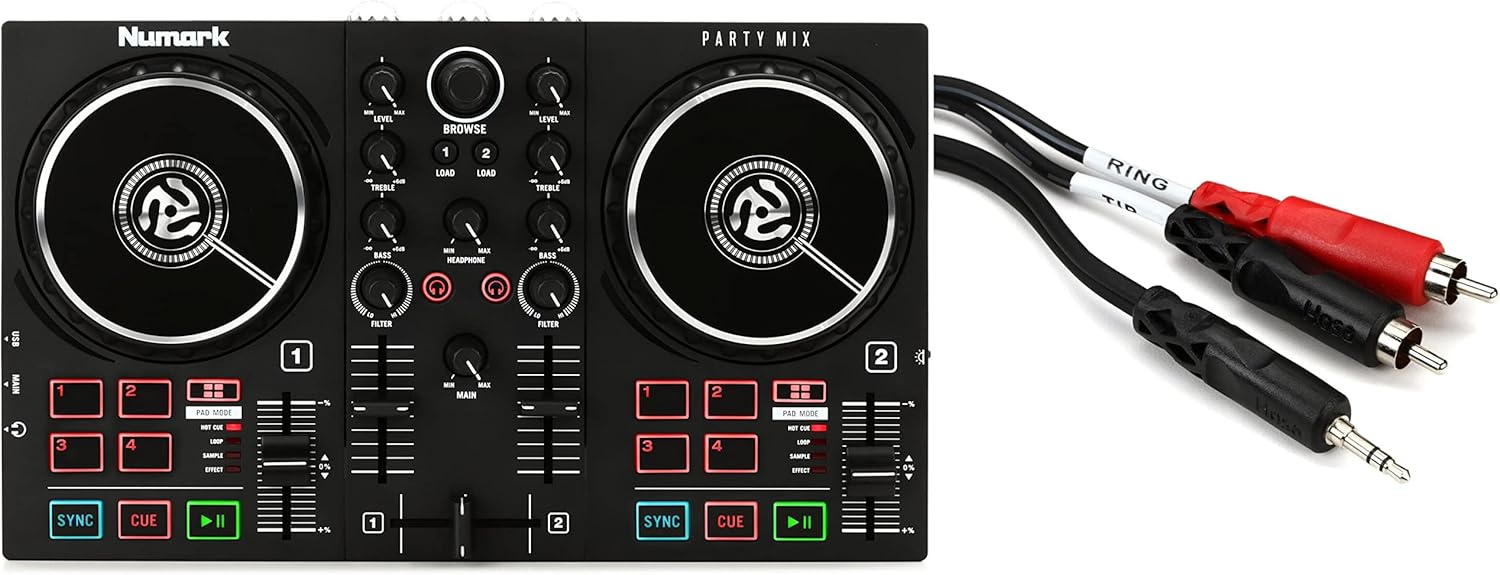 Numark Party Mix II DJ Controller with Built-in Light Show Bundle with CMR-210 Stereo Breakout Cable - 3.5mm TRS Male to Left and Right RCA Male