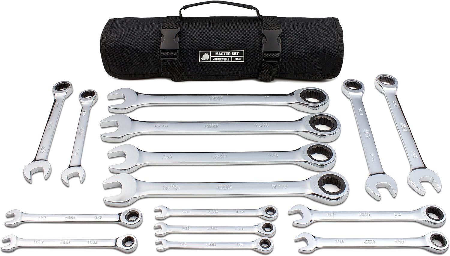 JAEGER 15pc Inch TIGHTSPOT Ratcheting Wrenches MASTER SET - Our LARGEST SAE/INCH SET With Bear Keeper Rollup Case