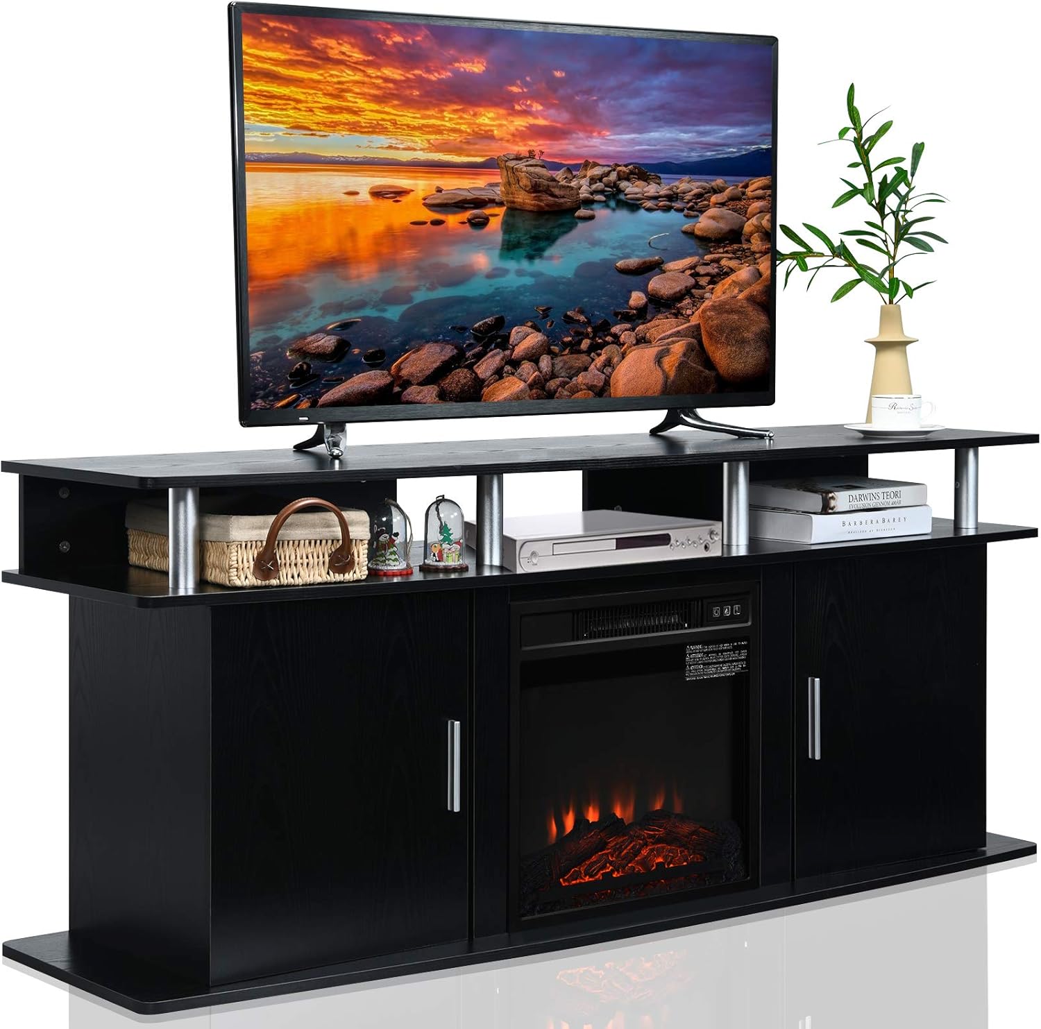Tangkula Fireplace TV Stand, Modern Media Console Table for TVs up to 70 Inches, Entertainment Center w/ 1400W Fireplace for Living Room