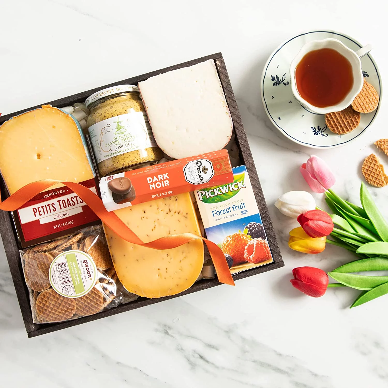Dutch Classic Gourmet Gift Basket - Filled with Gouda, Dorothea and Leyden Cheeses, Dutch Mustard, Crackers, Tea, Chocolate, and Waffles