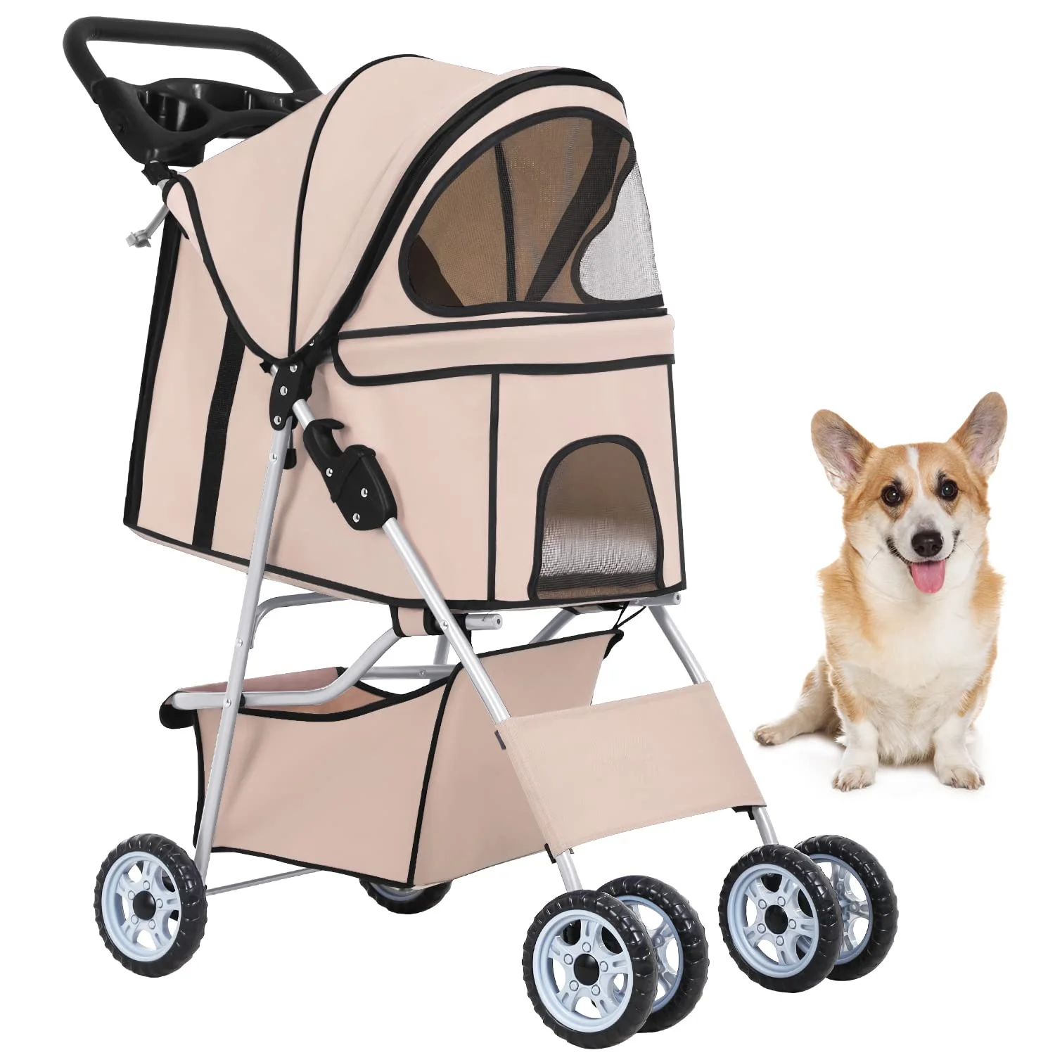 BestPet Pet Stroller Cat Dog Cage Stroller Travel Folding Carrier,Beige - Curated Treasures Market