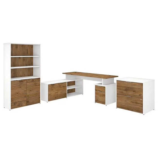 72 x 59 x 30 in. Jamestown L Shaped Desk Set with Lateral File Cabinet & Bookcase, Fresh Walnut & White