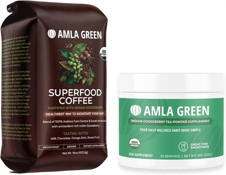 Amla Green Organic Ground Superfood Coffee, Medium Roast Gourmet Coffee and 20X Concentrated Original Amla Power 30 Serving - Kansas Nuitrition