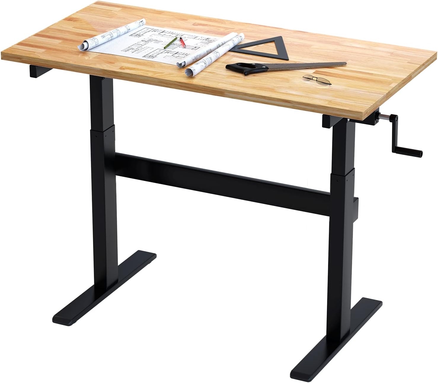 FLEXIMOUNTS Height-Adjustable Work Table with Crank Handle, 500-lb Capacity Rubberwood Top Garage Workbench and Sit-Stand Desk