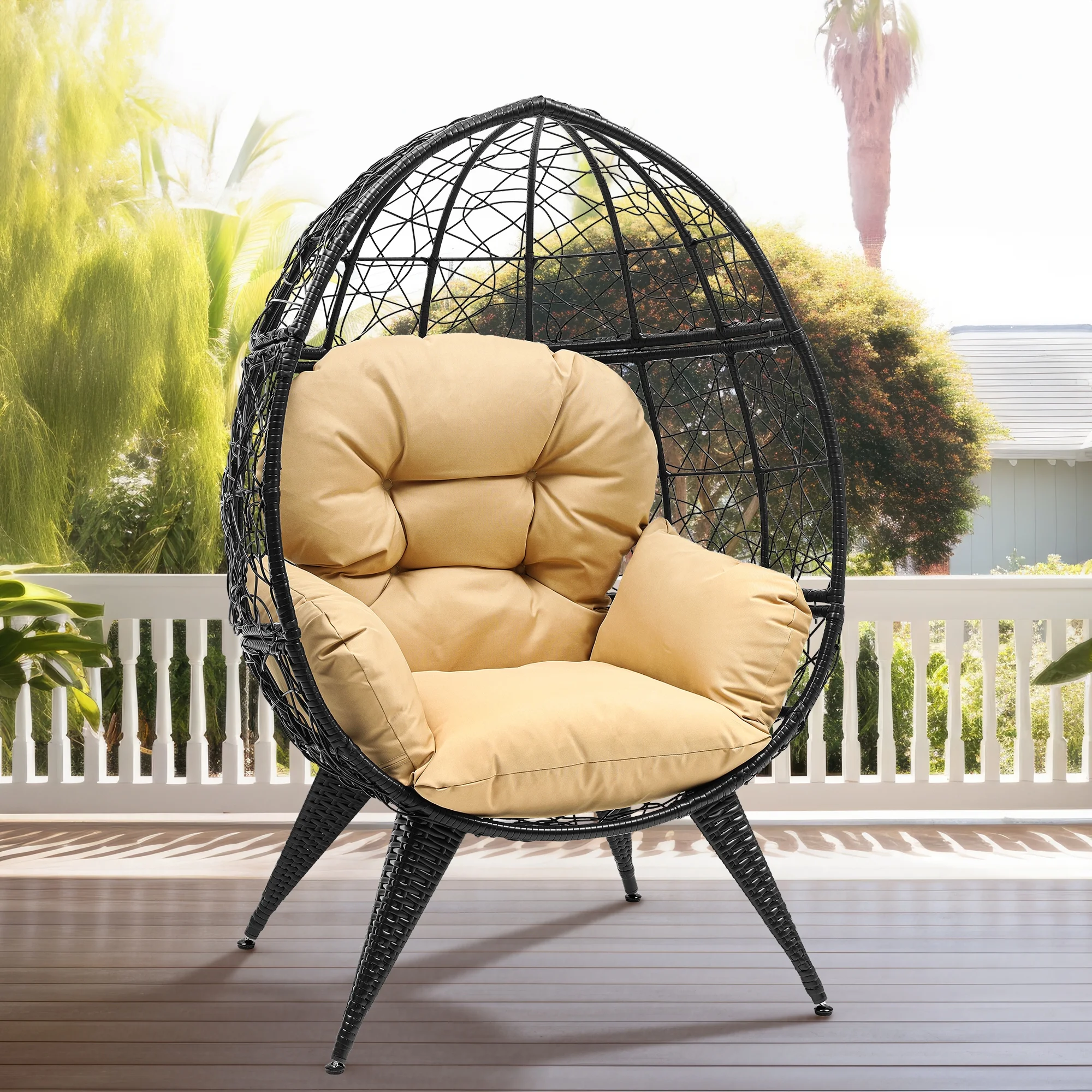Dextrus Egg Chair Wicker Outdoor Indoor Oversized Large Lounger with Stand Cushion Egg Basket Chair 350lbs Capacity for Patio