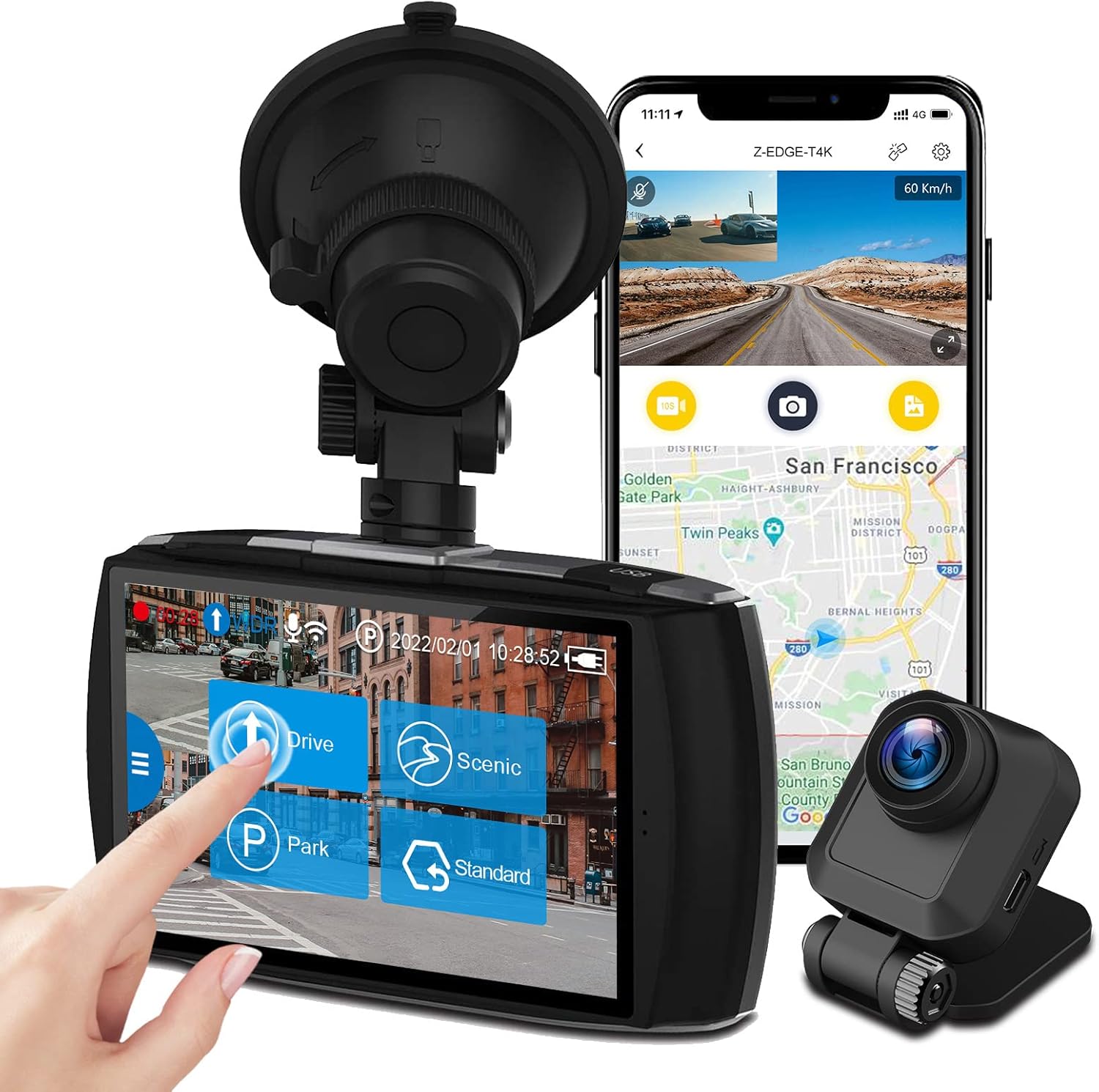 Z-Edge 4K Dual Dash Cam Built-in WiFi, Touch Screen Front and Rear Dash Cam FHD 1080P with Night Mode, 32GB Card Included,155 Degree Wide Angle, WDR
