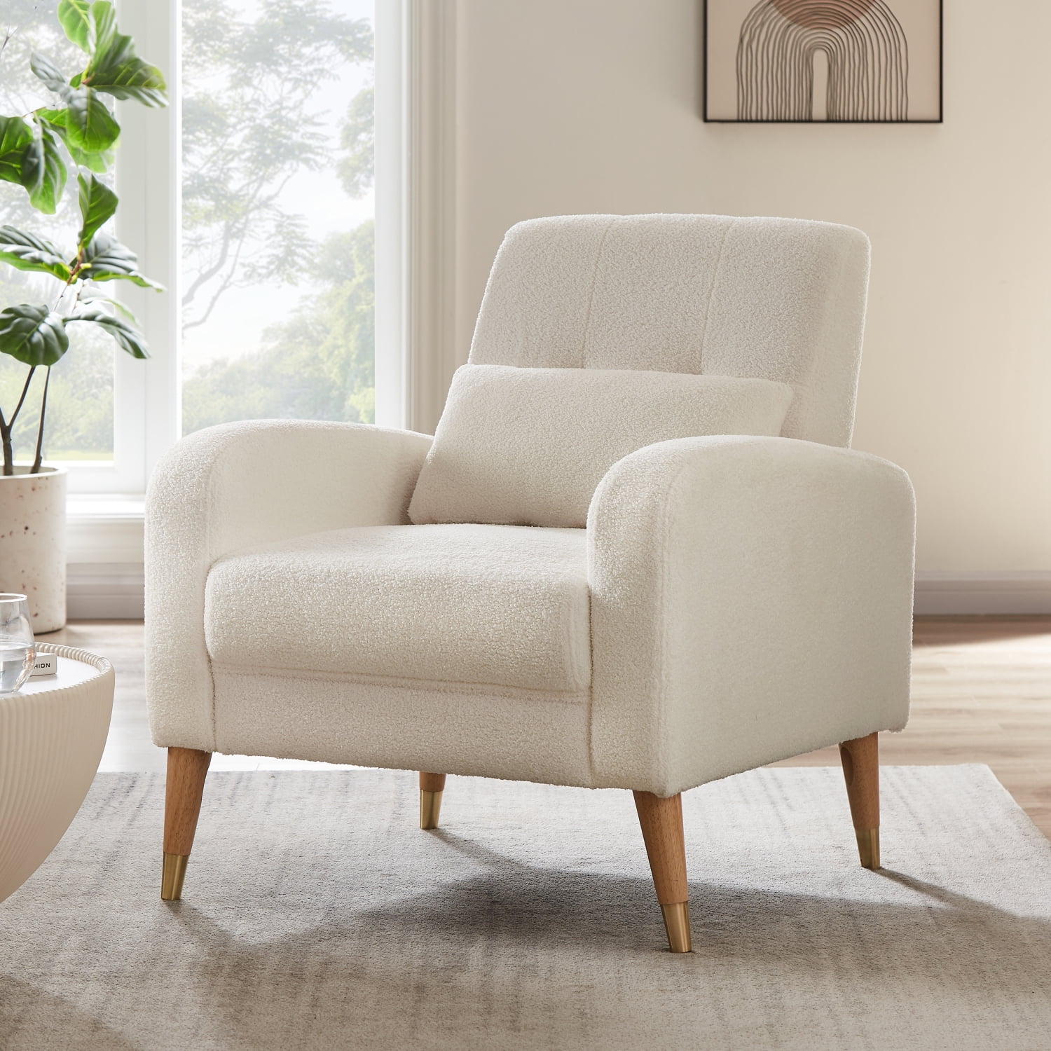 Holaki Modern Accent Chair, Upholstered Single Sofa Chair Sherpa Arm Chair for Living Room and Bedroom, Comfy Armchair with Metal Legs, White Fabric