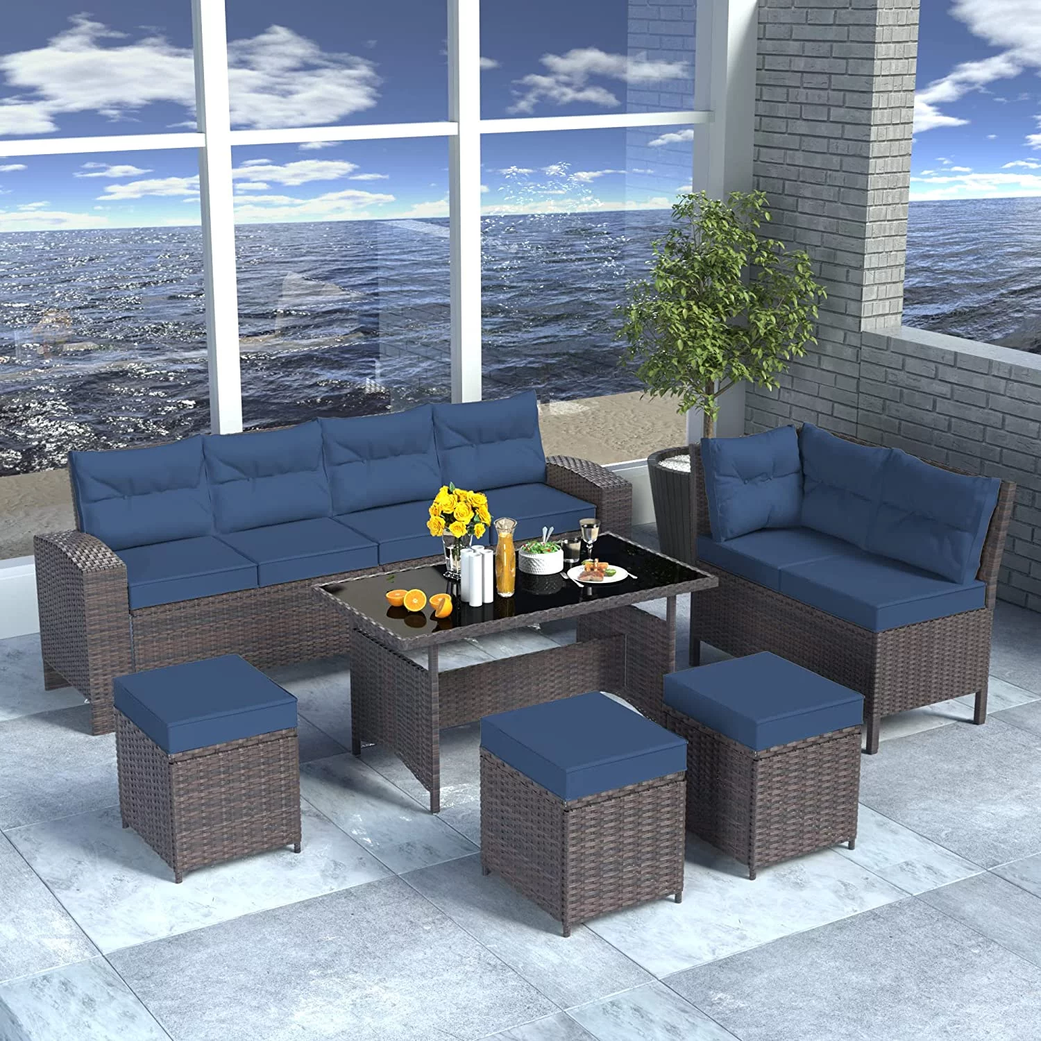 ALAULM 7 Pieces Outdoor Patio Furniture Set with Dining Table Outdoor Dining Set Sectional Sofa Brown Rattan Patio Conversation Set with Red Cushions