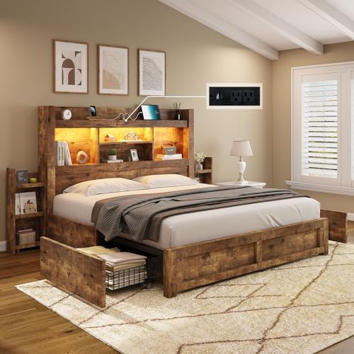 AMERLIFE Queen Bed Frame with 4 Storage Drawers, LED Platform Bed with 49" Bookcase Headboard