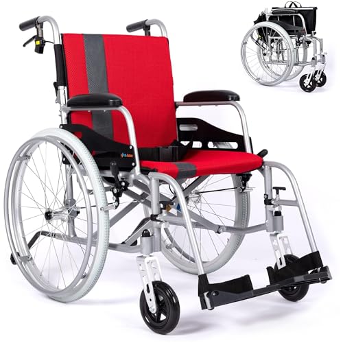 Magnesium Lightweight Wheelchair - 21lbs Self propelled Chair with Travel Bag and Cushion, Portable and Folding 17.5” W Seat