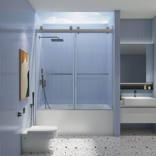 56-60in.W x 65in.H, Frameless Sliding Tub Door, with Clear Tampered Glass, Double Smooth Gliding Open and Close, Soft Closing