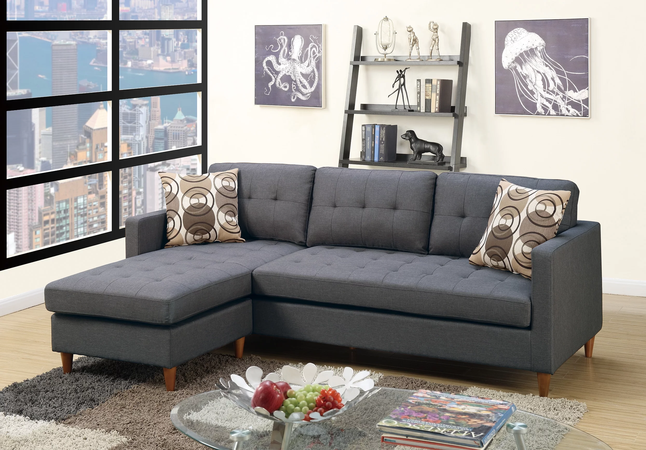 2 Piece Sectional Sofa with Accent Pillows in Blue Grey