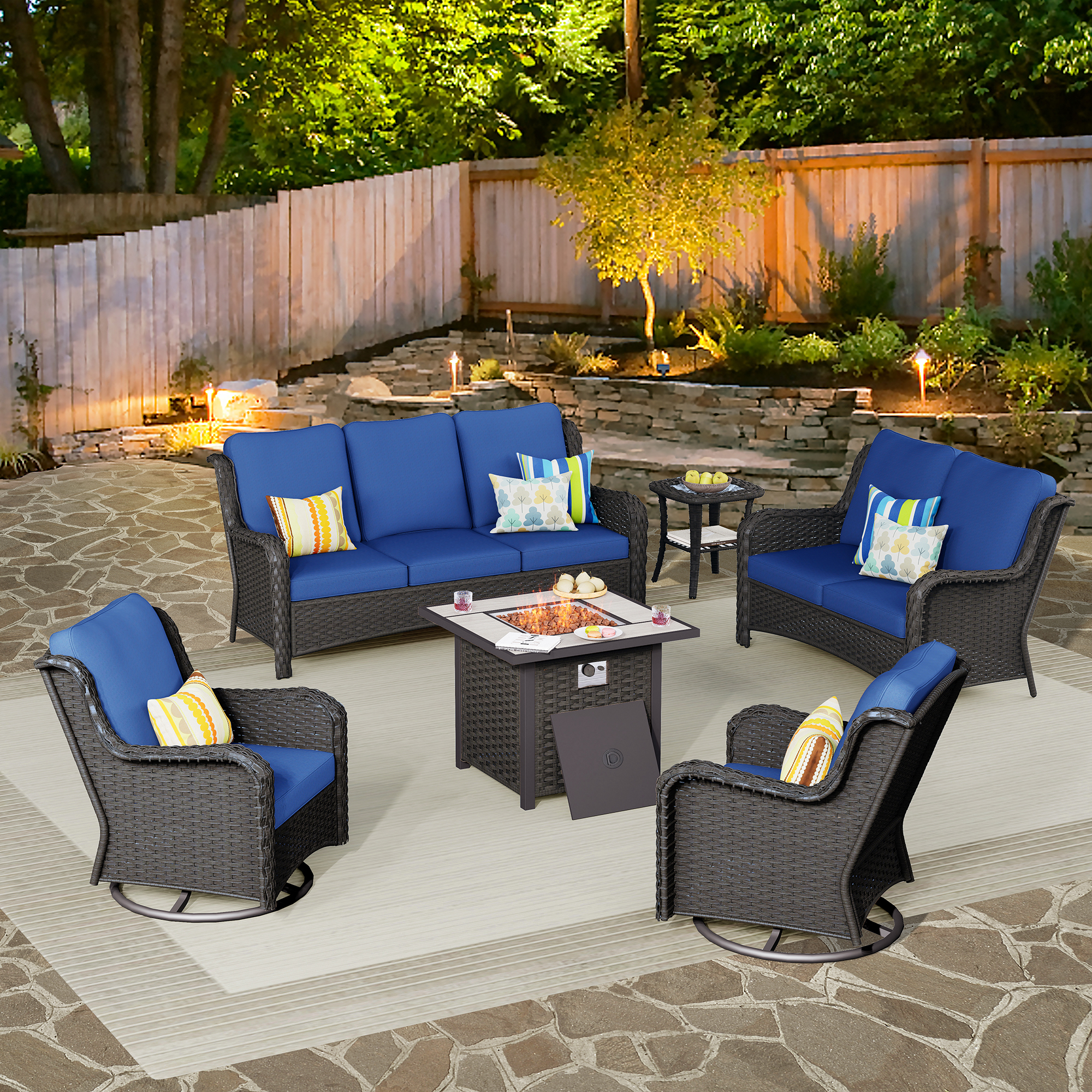 Vcatnet 6 Pieces Outdoor Patio Furniture Sectional Sofa All-weather Conversation Set with Swivel Rocking Chairs and Fire Pit Table for Garden