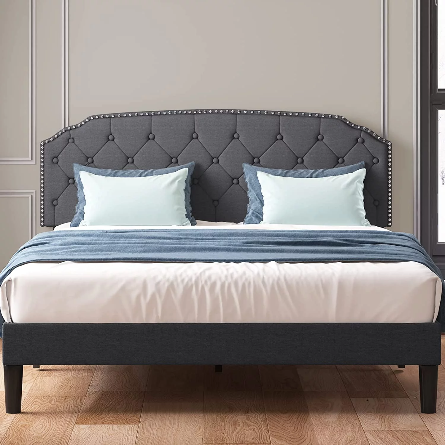 Mjkone Queen Size Platform Bed Frame with Diamond Button Tufted Upholstered Headboard,Stylish Modern Soft Bed Frame with Sturdy Wood Slat Support