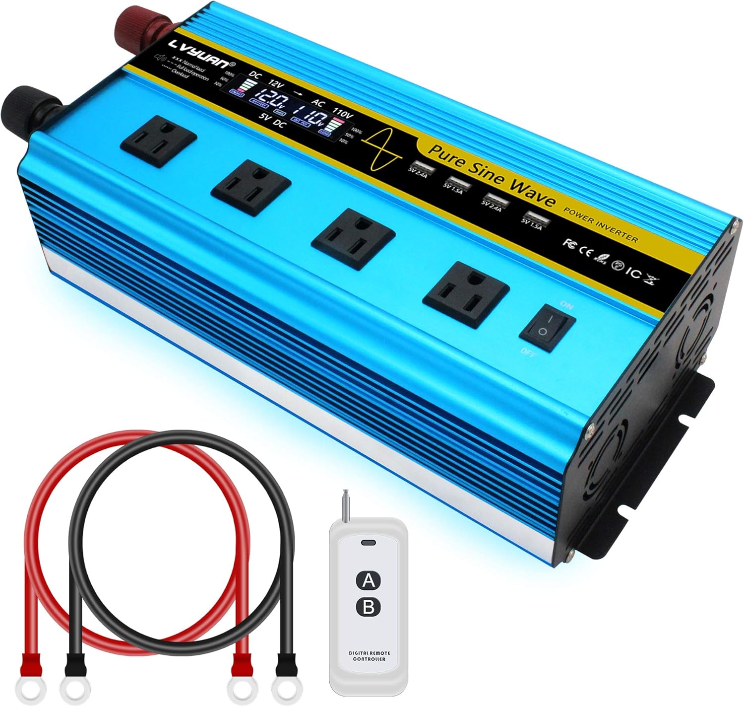 LVYUAN Pure Sine Wave Inverter 2500 Watt Inverter 12V to 110V DC to AC with Remote Controller