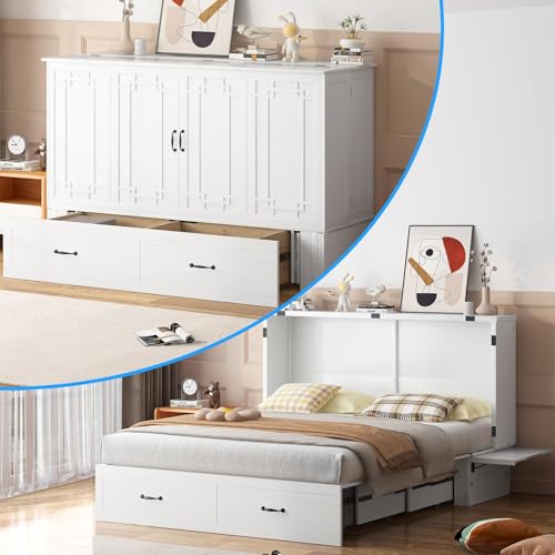 PUREMIND Murphy Bed Cabinet with Mattress Included, Queen Cabinet Beds with Storage Drawers, Murphy Chest Bed with USB Charging Station