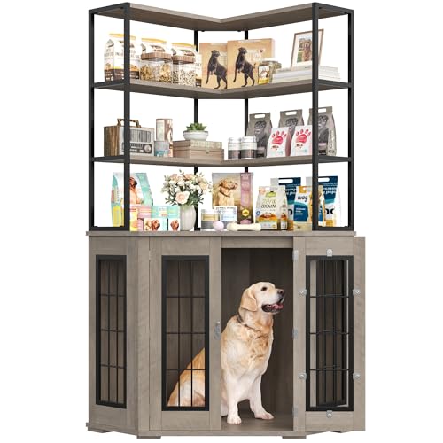 Corner Dog Crate Furniture with Storage, Decorative Large Dog Kennel Indoor Furniture with Double Doors, 2 Safety Locks, 4-Tier Shelves