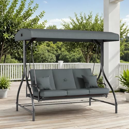 TLSUNNY 3-Seat Outdoor Patio Porch Swing with Adjustable Canopy & Backrest, Convertible Glider Bed with Stand, Removable Seat Cushion