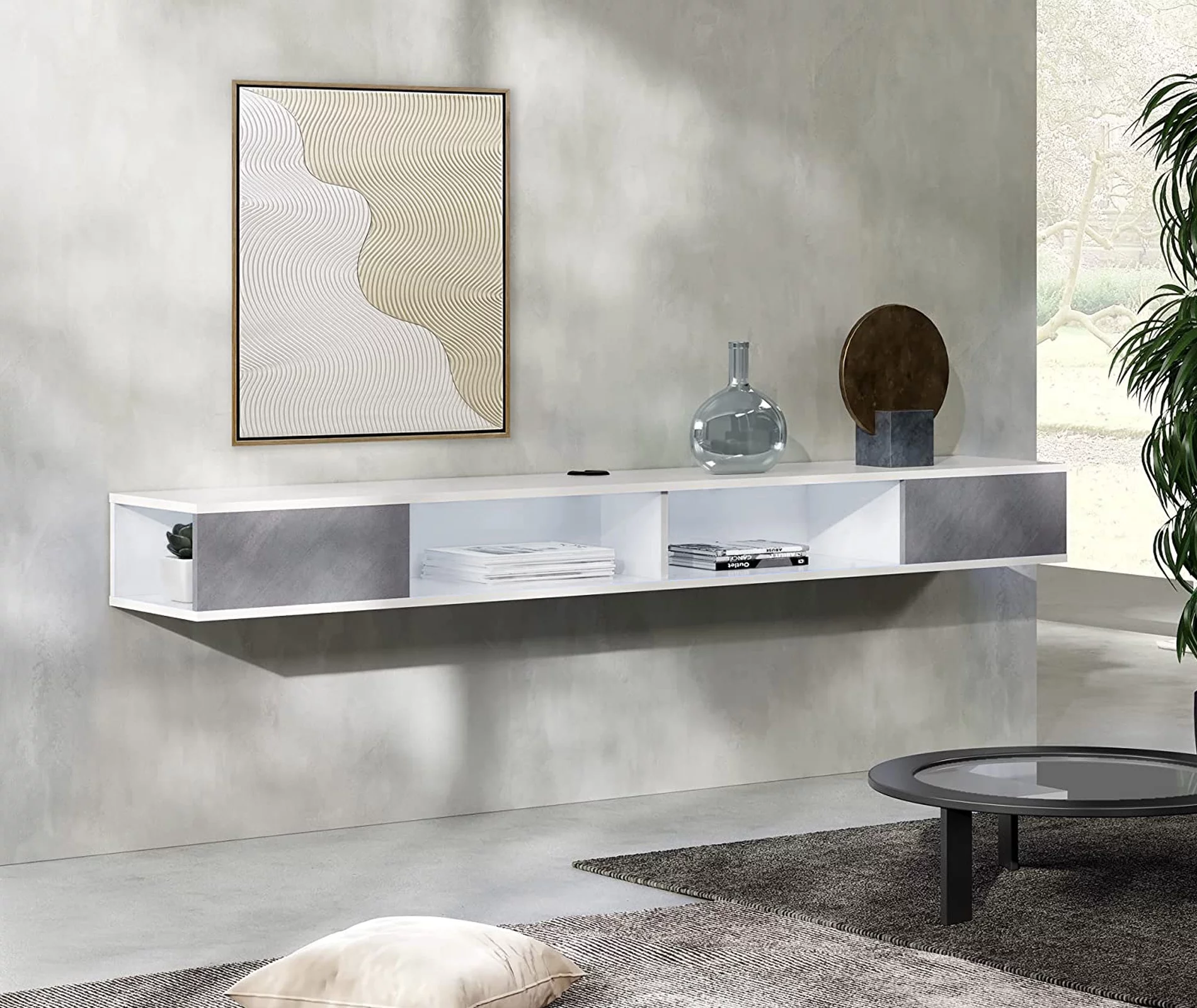 70 inch Floating TV Stand for Wall Mounted, Floating Entertainment Center TV Cabinet for Living Room,Grey&White