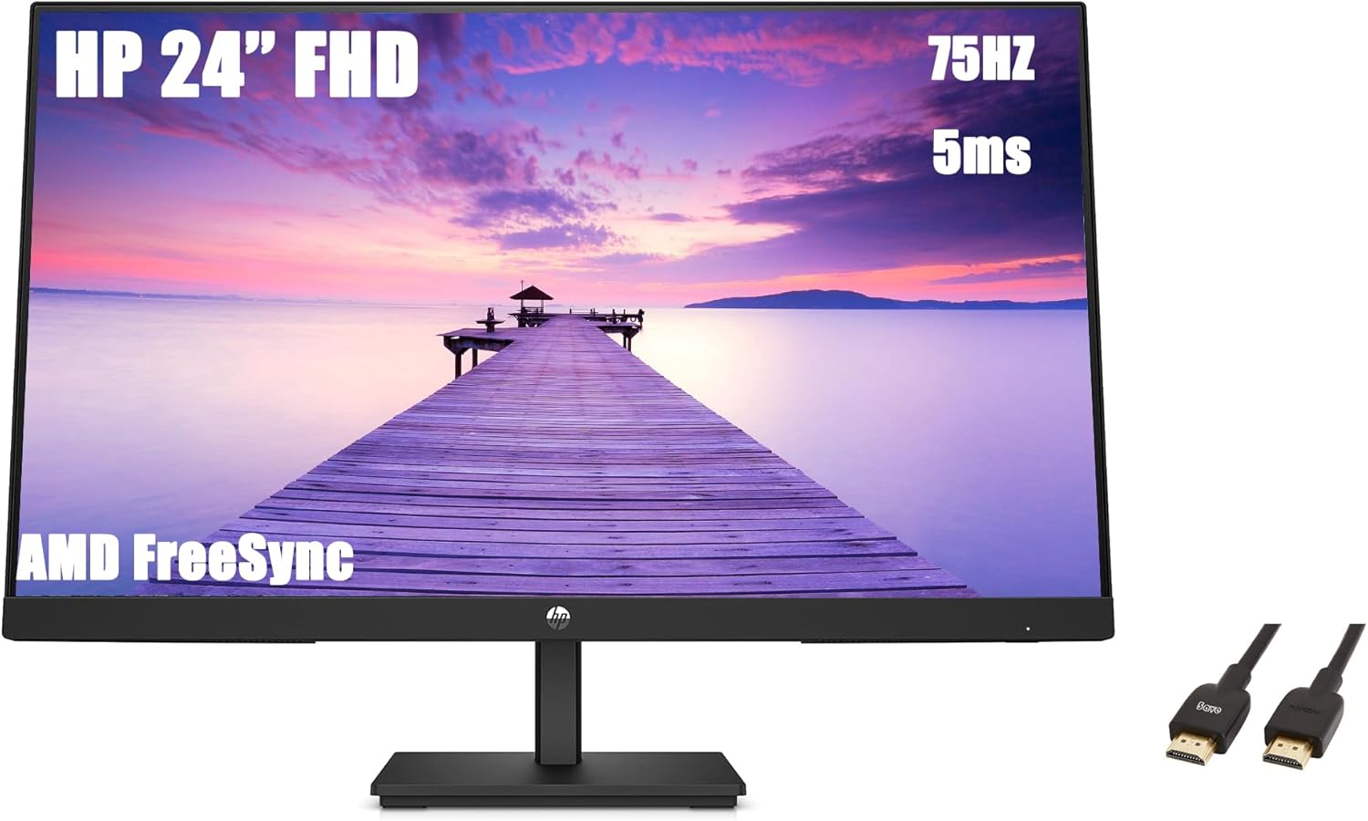 HP 24"" FHD VA Monitor, Full HD 1920 x 1080 LCD Display, 5ms Response Time, 75Hz Refresh Rate, 16:9 Aspect Ratio, 250 Nit, FreeSync
