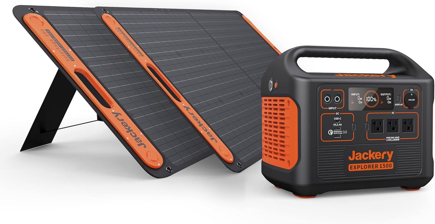 Jackery Solar Generator 1500, Explorer 1500 and 2 xSolarSaga 100X Solar Panel with 3x110V/1800W AC Outlets