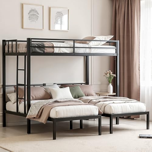 Heavy Duty Triple Bunk Bed, Twin Over Twin Over Twin with Guardrails and Ladder, Metal Bunk Bed for 3, 3 Bed Teens and Adults, No Box Spring Needed