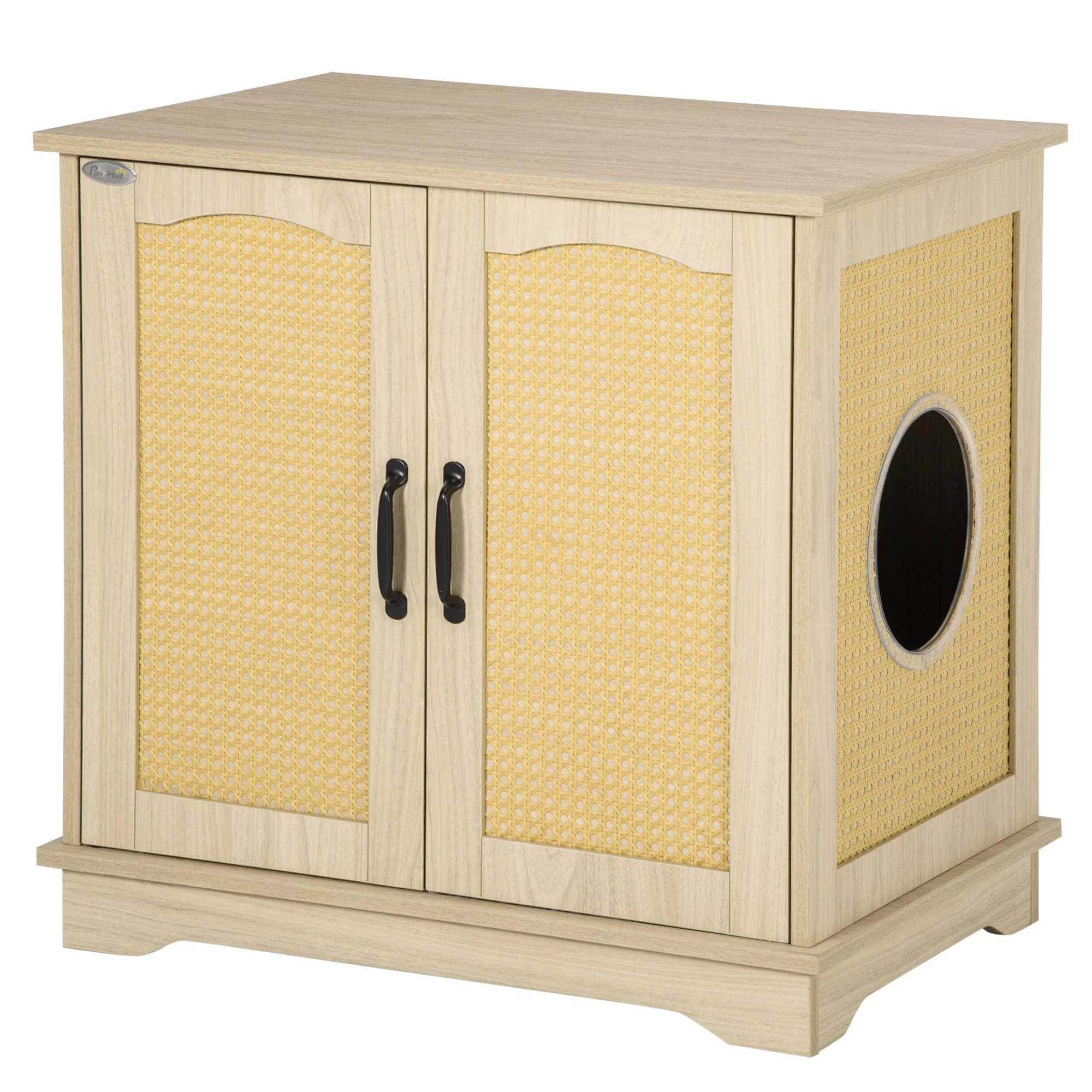 PawHut Hidden Litter Box Enclosure Cat Washroom Furniture with Cushion Double Doors Wooden Pet House End Table, Oak - Radiant Selections
