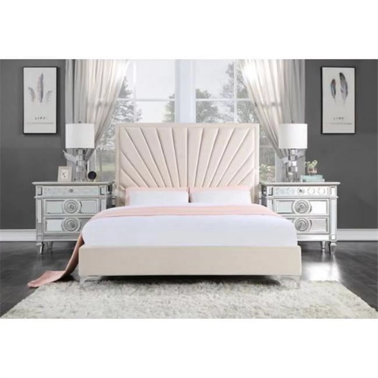 ACME Faiz Channel-Tufted Velvet Upholstery Eastern King Bed in Beige